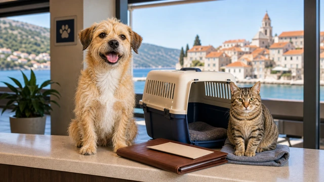 Dog and cat beside a pet carrier and entry paperwork, illustrating the steps for bringing your pet to Croatia