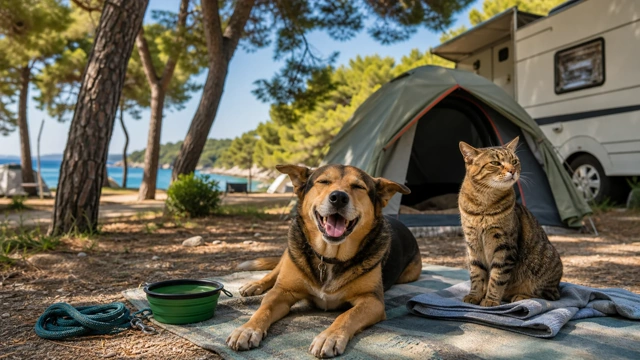 Dog and cat at a pine-shaded Croatian seaside campsite with a tent and mobile home, illustrating a guide to camping in Croatia with a dog