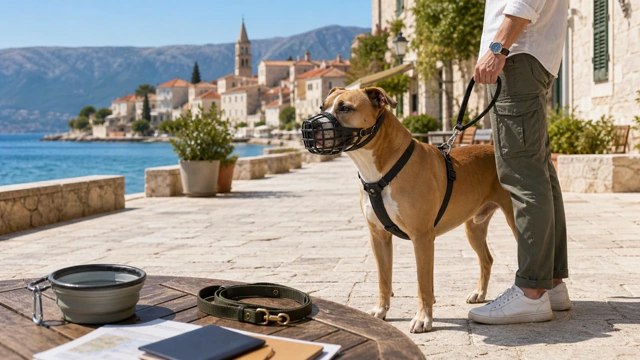 Calm bull-type dog wearing a basket muzzle and leash on a sunny Croatian seaside promenade, illustrating a guide to banned and restricted dog breeds in Croatia