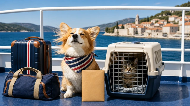 Dog and cat with travel paperwork on a Croatian ferry deck, illustrating the rules for Croatia ferries with pets