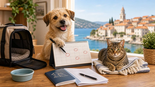 Dog and cat beside a travel calendar, pet carrier and vaccination paperwork, illustrating the countdown checklist for pet travel to Croatia