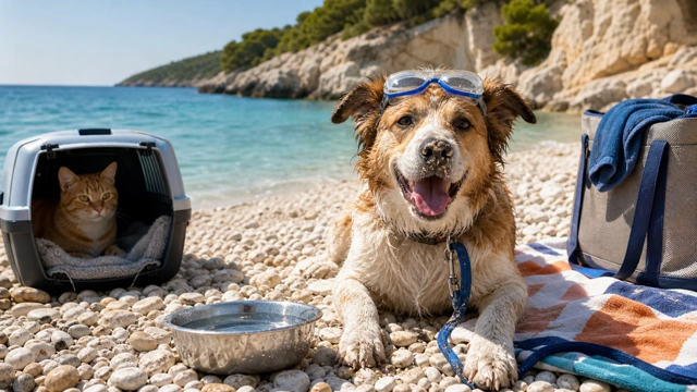 Wet dog and cat on a Croatian pebble beach, illustrating a guide to dog-friendly beaches in Croatia Wet dog and cat on a Croatian pebble beach, illustrating a guide to dog-friendly beaches in Croatia