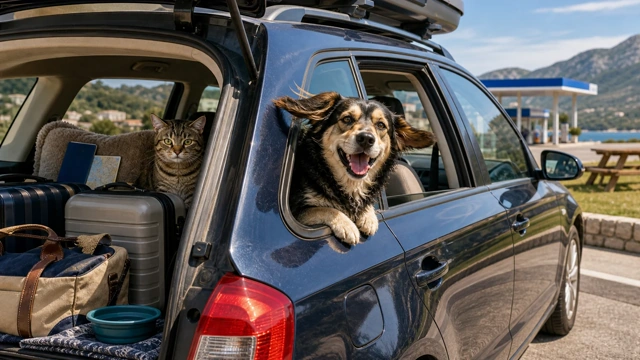 Dog and cat in a packed car at a Croatian motorway rest stop, illustrating a guide to driving to Croatia with a pet
