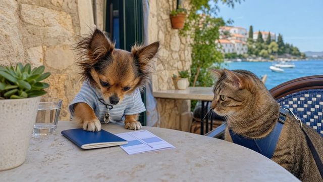Dog and cat with an EU pet passport at a Croatian seaside cafe, illustrating the EU pet passport rules for Croatia Dog and cat with an EU pet passport at a Croatian seaside cafe, illustrating the EU pet passport rules for Croatia