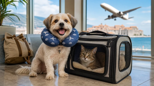 Dog and cat with a cabin pet carrier at an airport, illustrating a guide to flying to Croatia with a pet Dog and cat with a cabin pet carrier at an airport, illustrating a guide to flying to Croatia with a pet