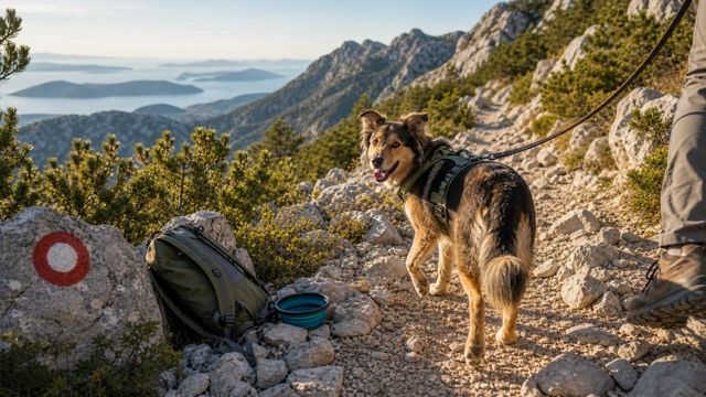 Leashed dog on a marked mountain trail above the Adriatic on Velebit, illustrating a guide to hiking in Croatia with a dog
