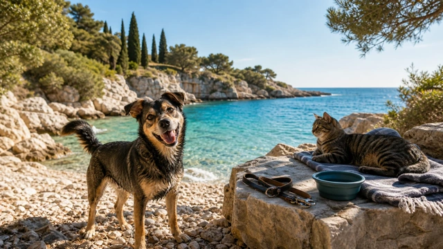 Dog on an Istrian pebble cove backed by cypress trees and the blue Adriatic, on a pet-friendly Istria trip