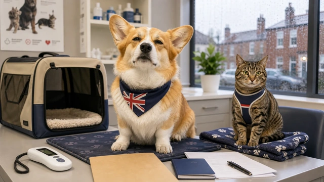 Dog and cat at a UK vet with animal health certificate paperwork, illustrating travel from the UK to Croatia with a pet