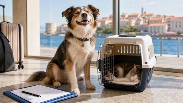 Dog and cat with USDA paperwork and a pet carrier after a flight, illustrating travel from the USA to Croatia with a pet