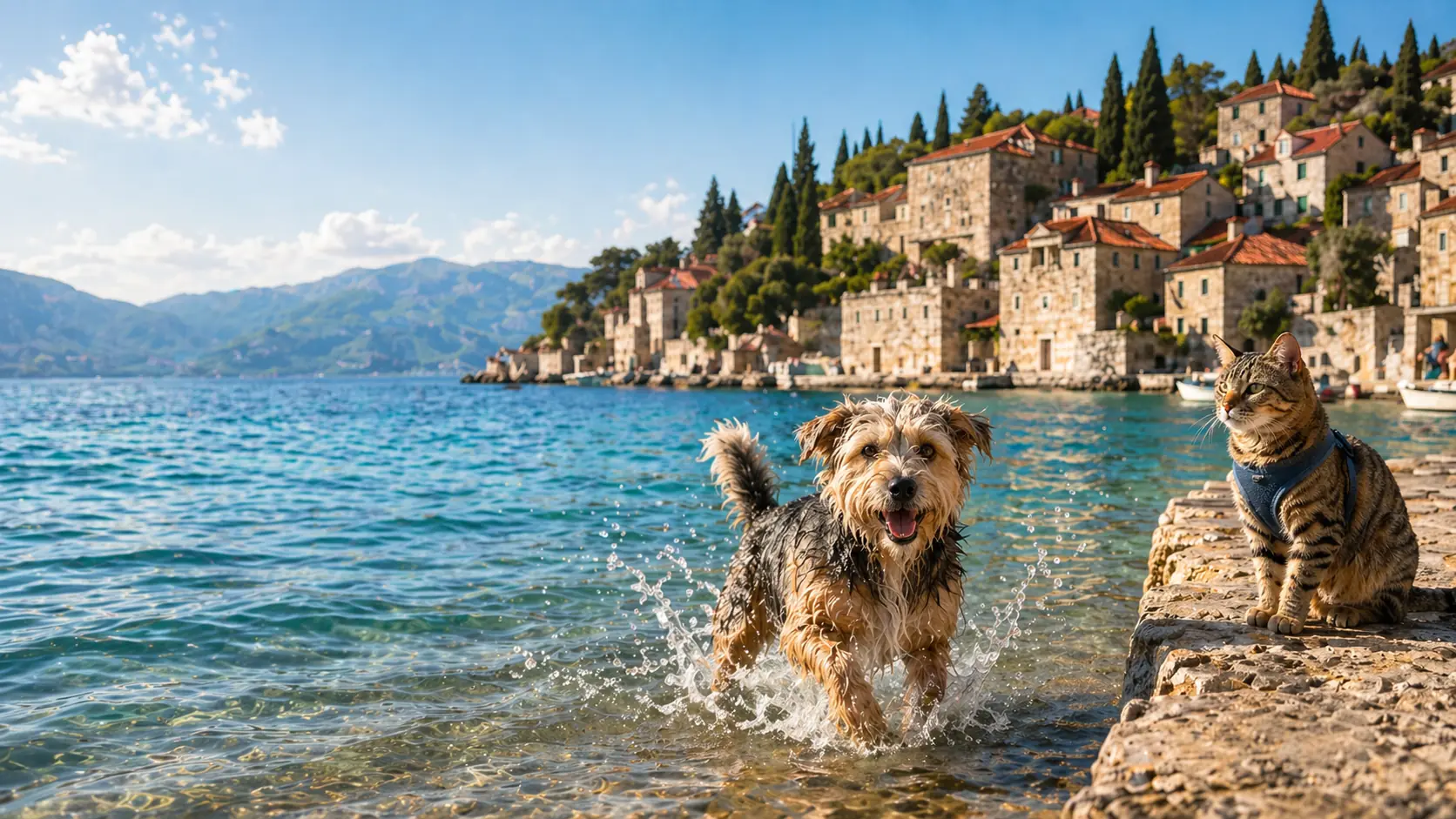 A dog splashing out of the Adriatic and a cat on a stone quay by a Dalmatian coastal town, pet-friendly Croatia