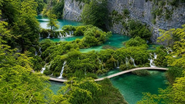 Plitvice Lakes waterfalls in inland Croatia, a pet-friendly region for travelling with a dog